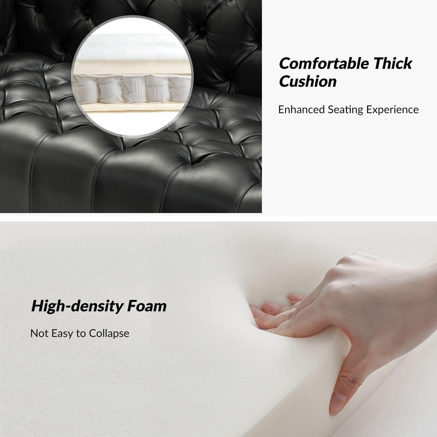 Divano Nestor Transitional in vera pelle con gambe in metallo e schienale capitonné