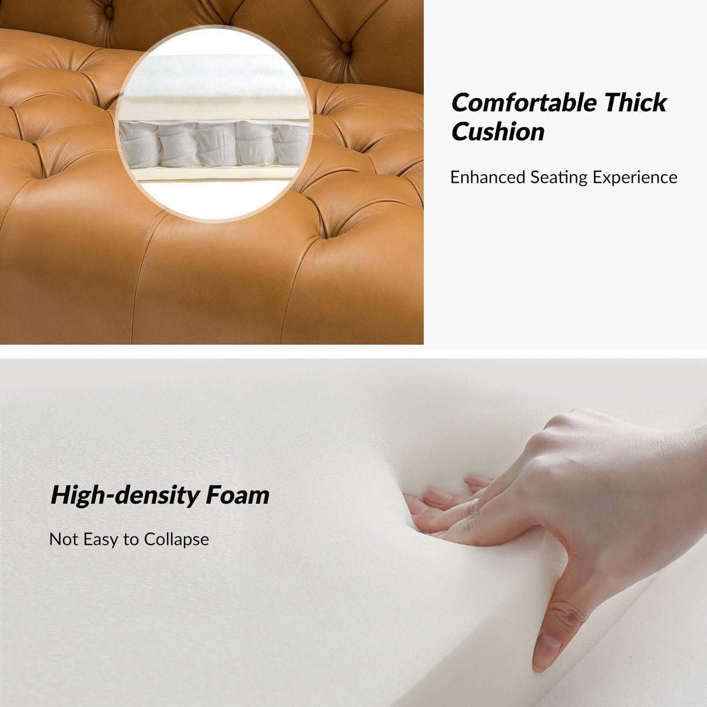 Divano Nestor Transitional in vera pelle con gambe in metallo e schienale capitonné