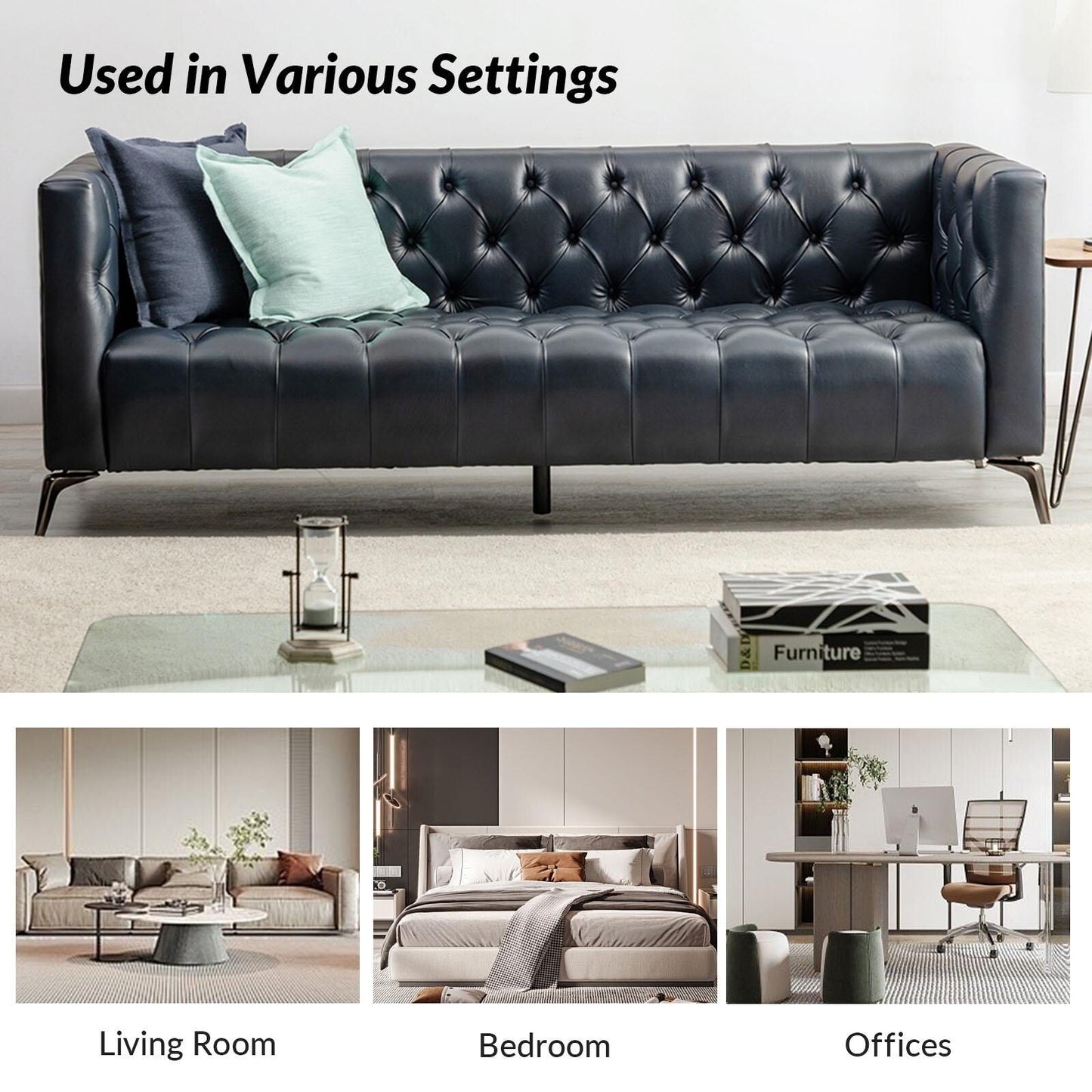 Divano Nestor Transitional in vera pelle con gambe in metallo e schienale capitonné