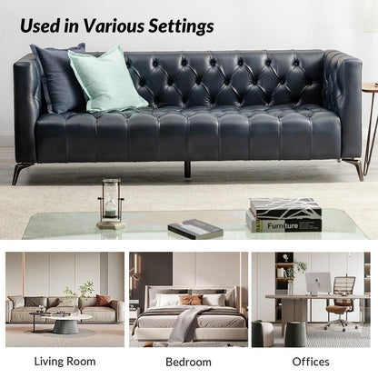 Divano Nestor Transitional in vera pelle con gambe in metallo e schienale capitonné