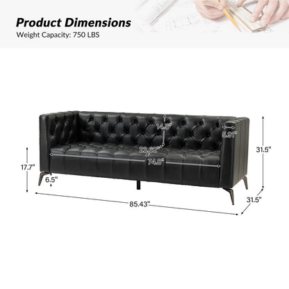 Divano Nestor Transitional in vera pelle con gambe in metallo e schienale capitonné