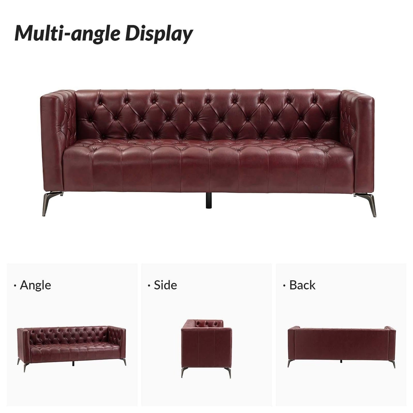 Divano Nestor Transitional in vera pelle con gambe in metallo e schienale capitonné