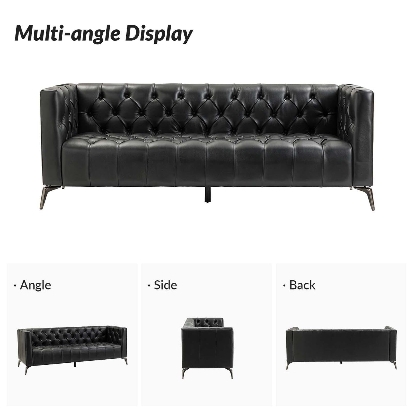 Divano Nestor Transitional in vera pelle con gambe in metallo e schienale capitonné