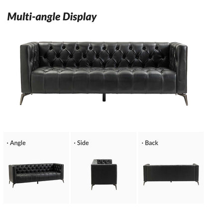 Divano Nestor Transitional in vera pelle con gambe in metallo e schienale capitonné