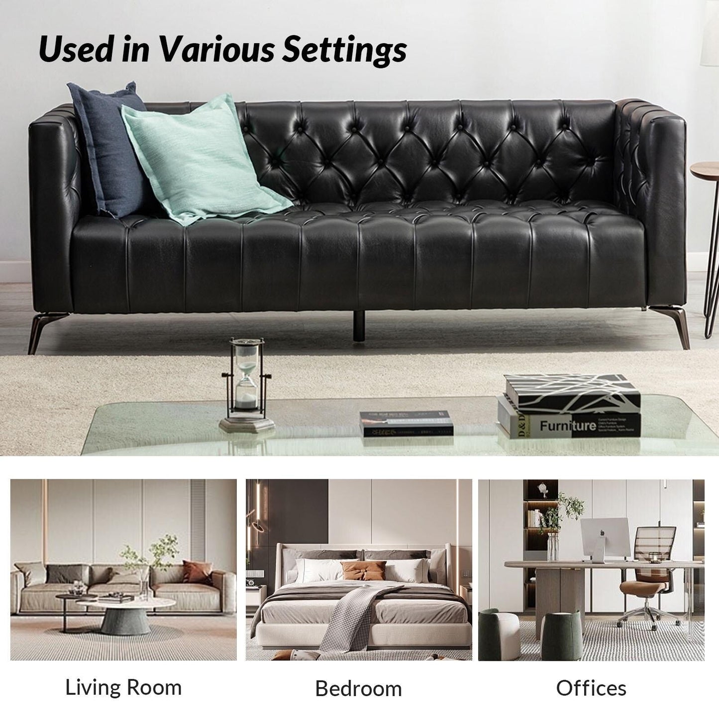 Divano Nestor Transitional in vera pelle con gambe in metallo e schienale capitonné