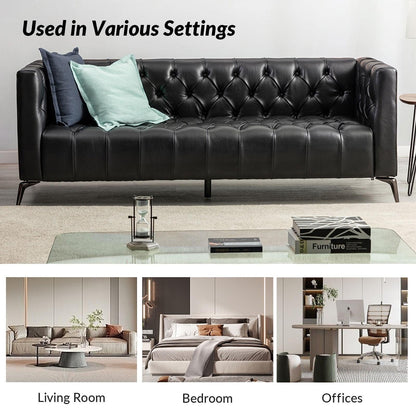 Divano Nestor Transitional in vera pelle con gambe in metallo e schienale capitonné