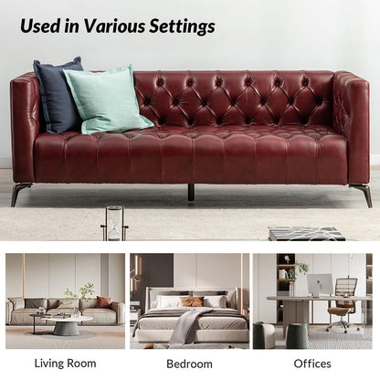 Divano Nestor Transitional in vera pelle con gambe in metallo e schienale capitonné