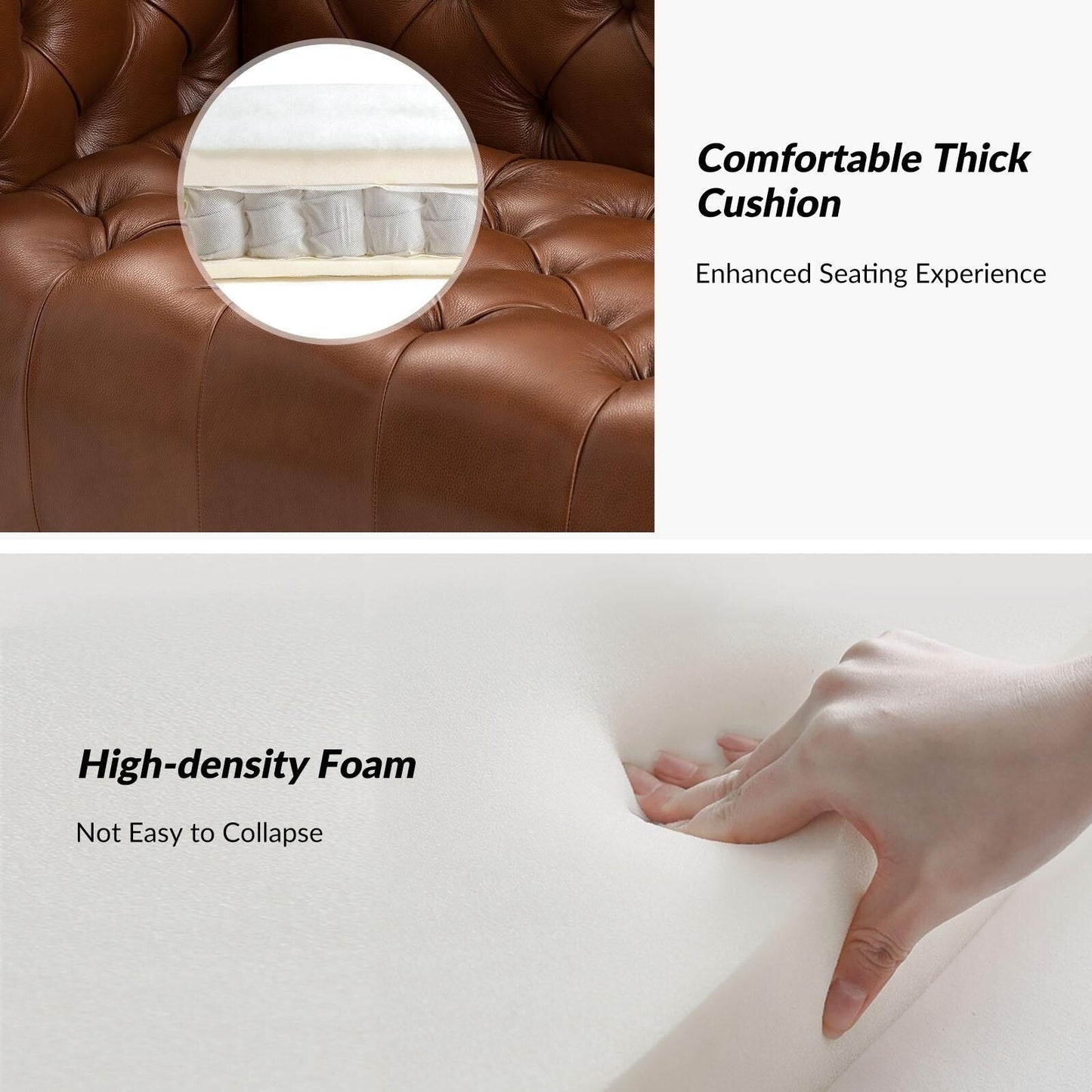 Divano Nestor Transitional in vera pelle con gambe in metallo e schienale capitonné