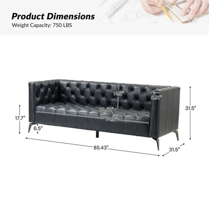 Divano Nestor Transitional in vera pelle con gambe in metallo e schienale capitonné