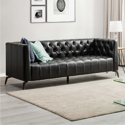 Divano Nestor Transitional in vera pelle con gambe in metallo e schienale capitonné