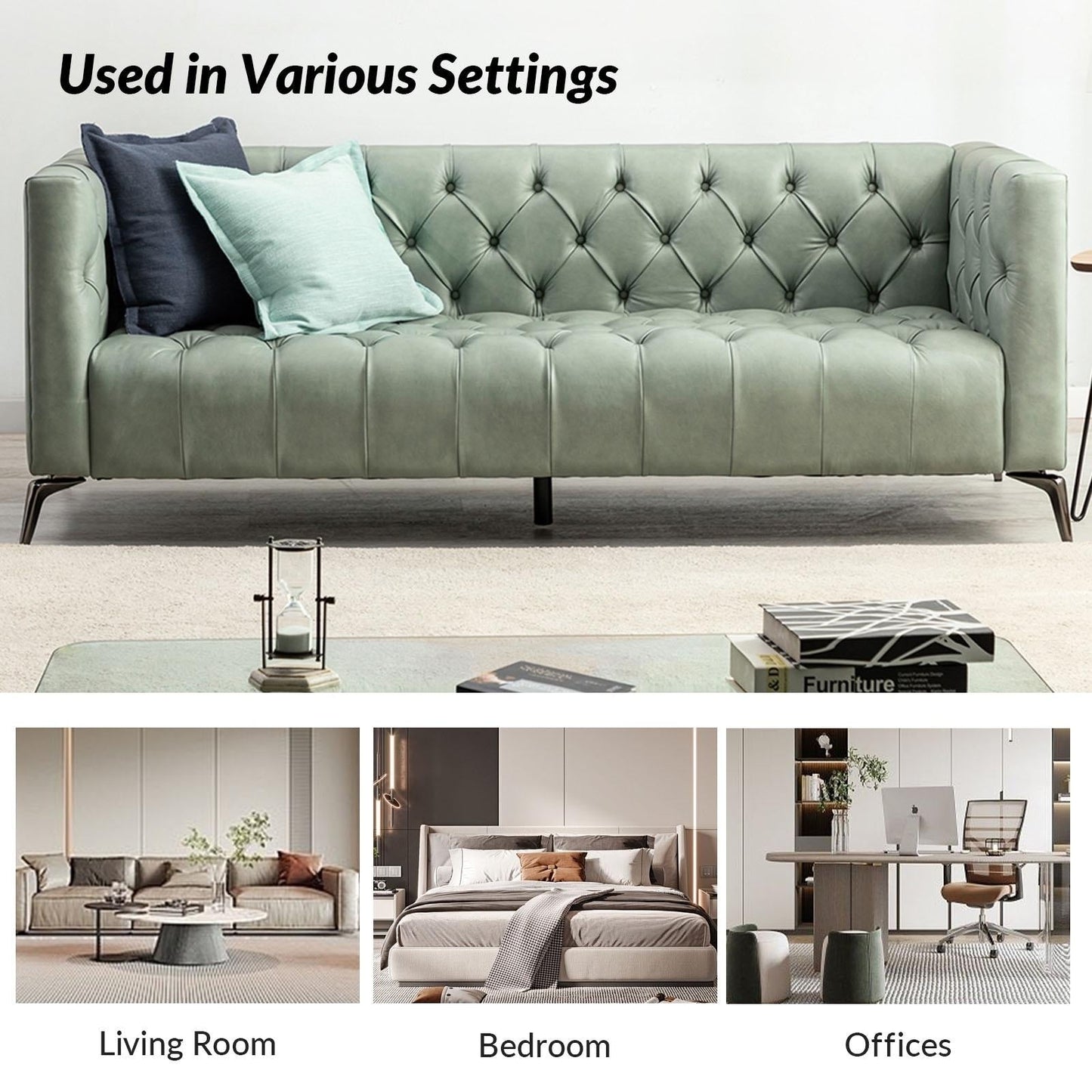 Divano Nestor Transitional in vera pelle con gambe in metallo e schienale capitonné