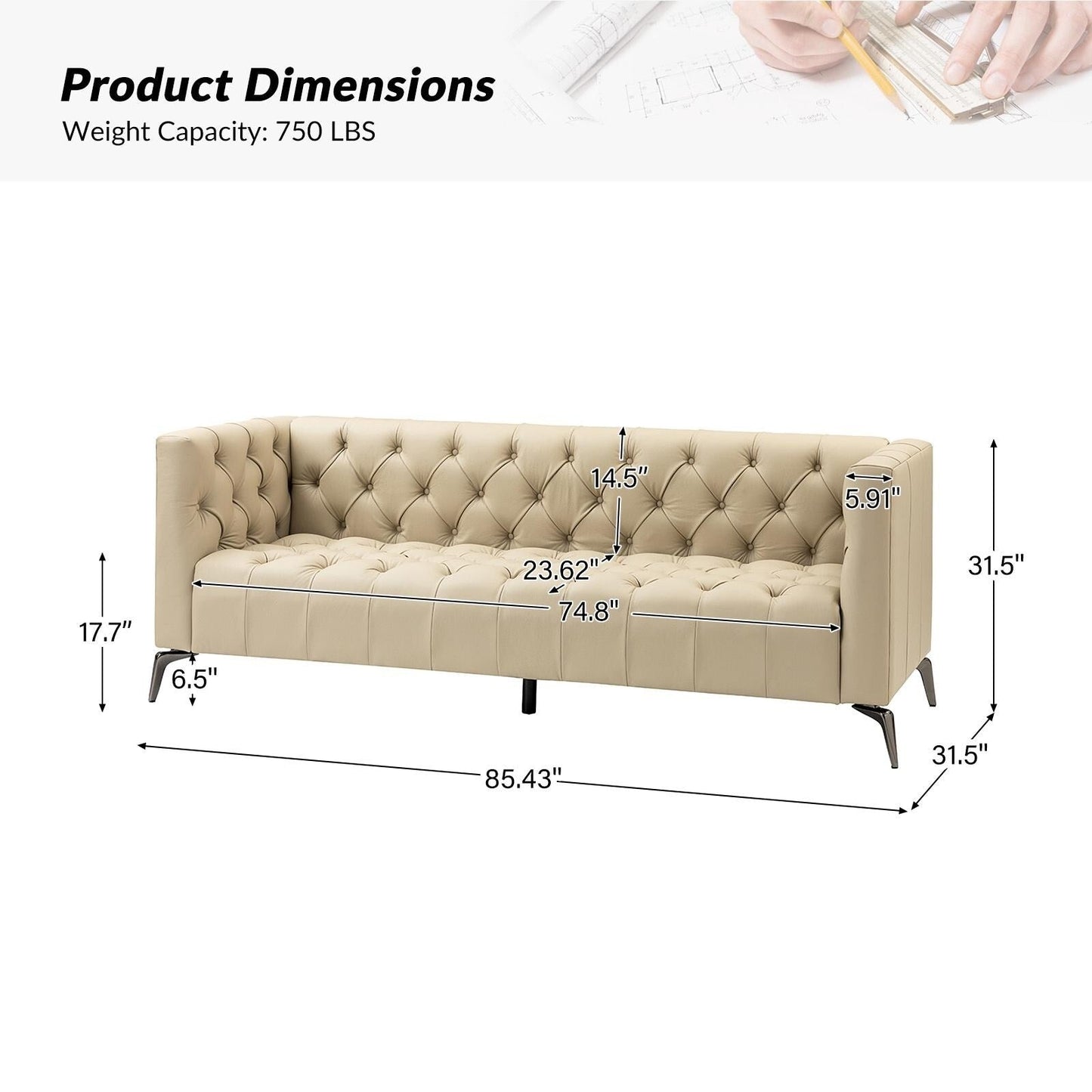 Divano Nestor Transitional in vera pelle con gambe in metallo e schienale capitonné