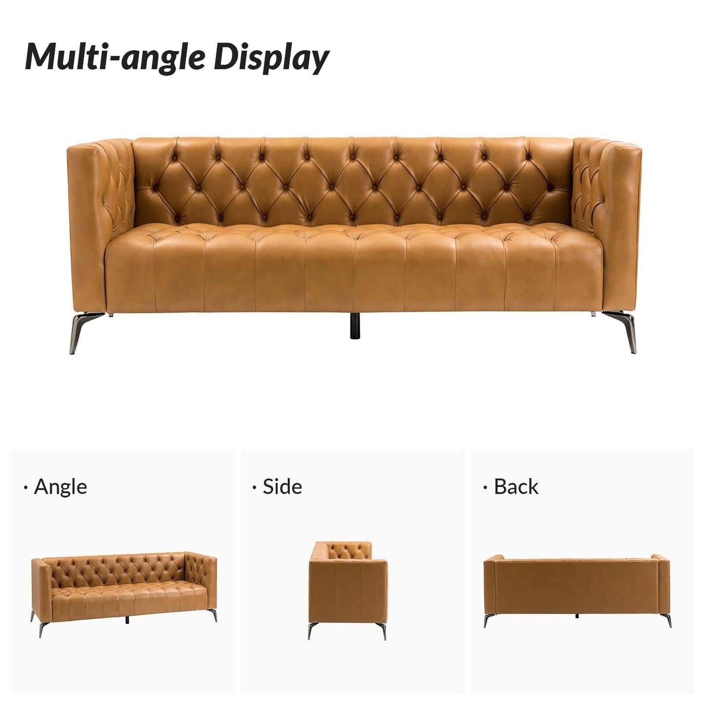 Divano Nestor Transitional in vera pelle con gambe in metallo e schienale capitonné