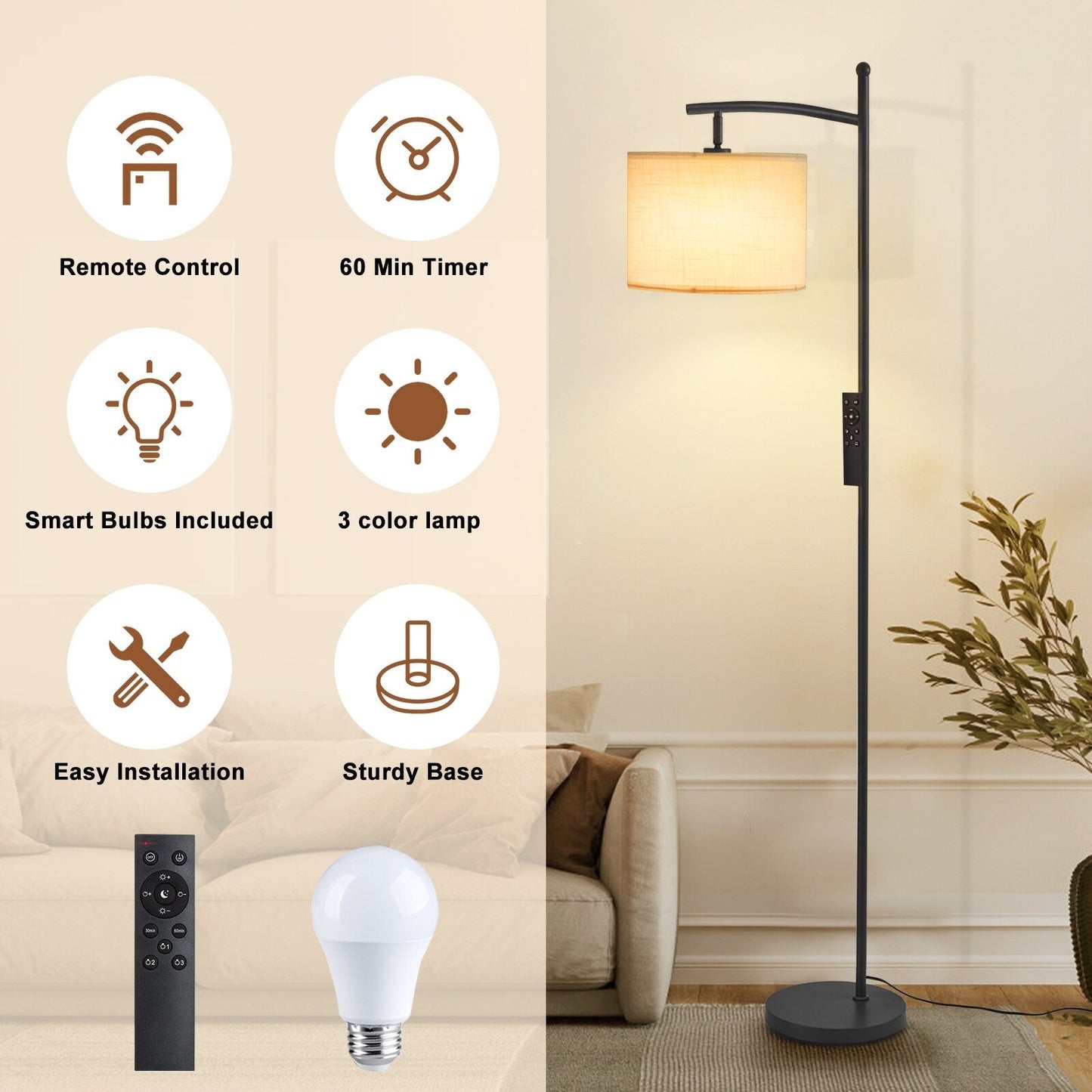 Lampada da terra ad arco Netin 66 con telecomando e paralume girevole