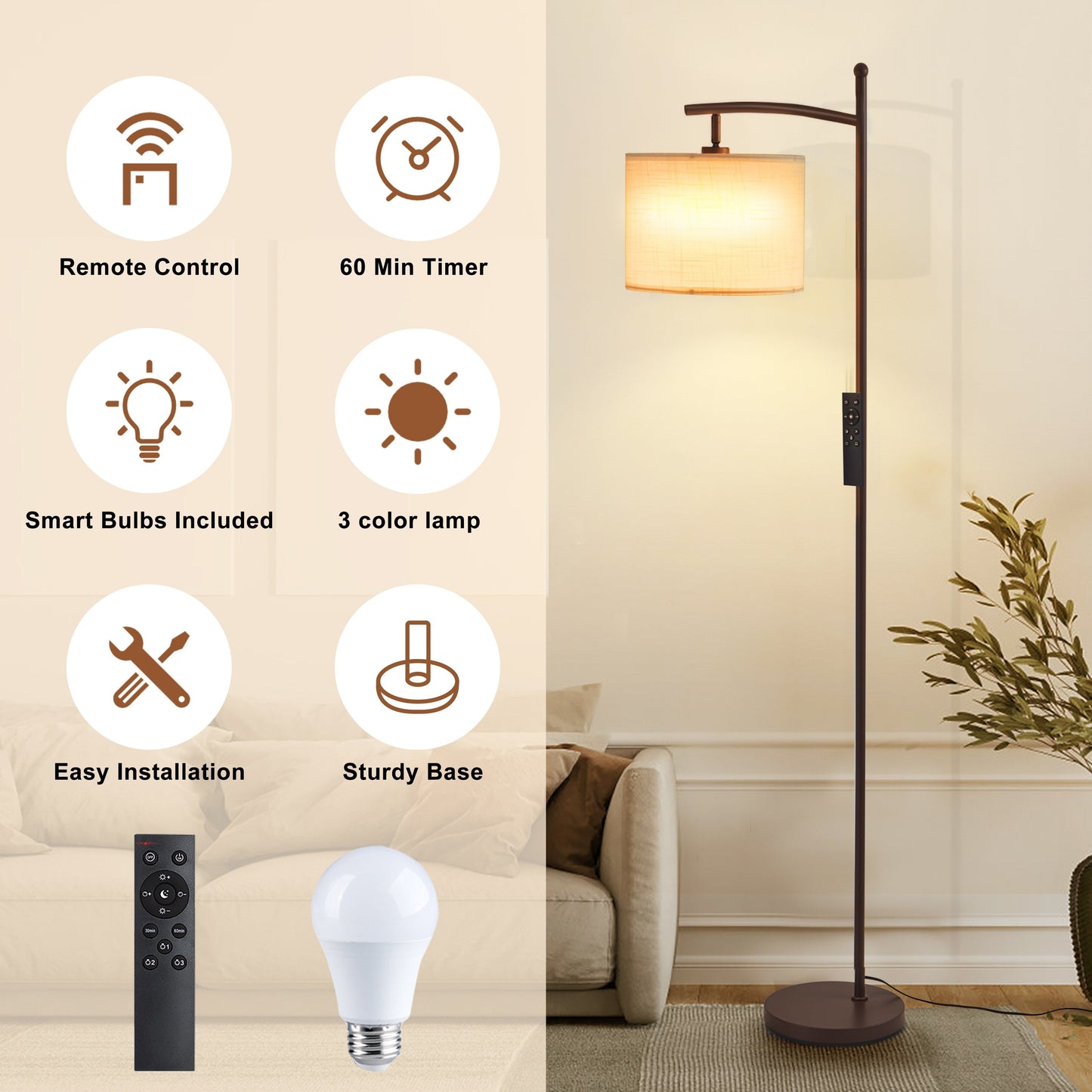 Lampada da terra ad arco Netin 66 con telecomando e paralume girevole