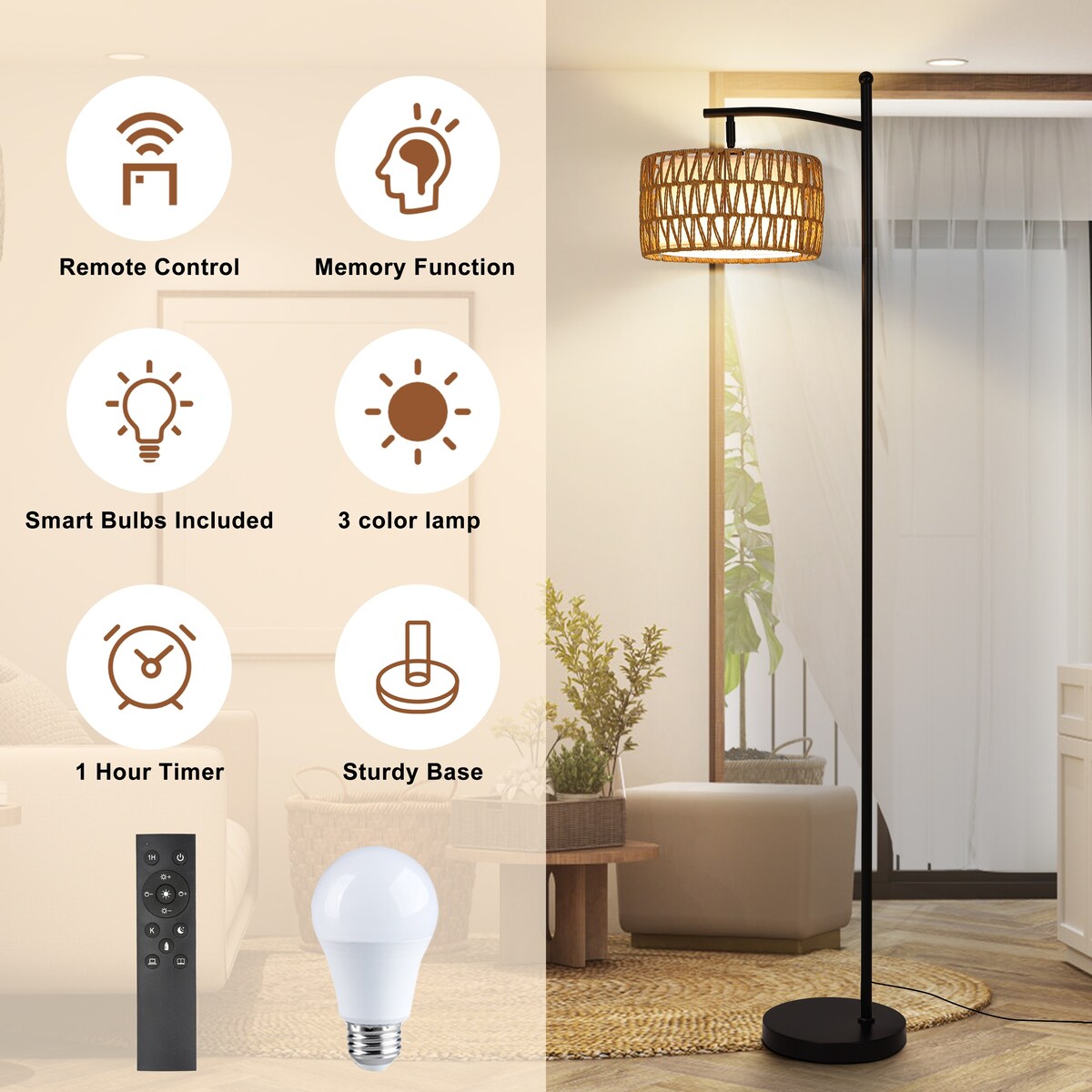 Lampada da terra ad arco a LED dimmerabile Netin 66 con telecomando - N/D