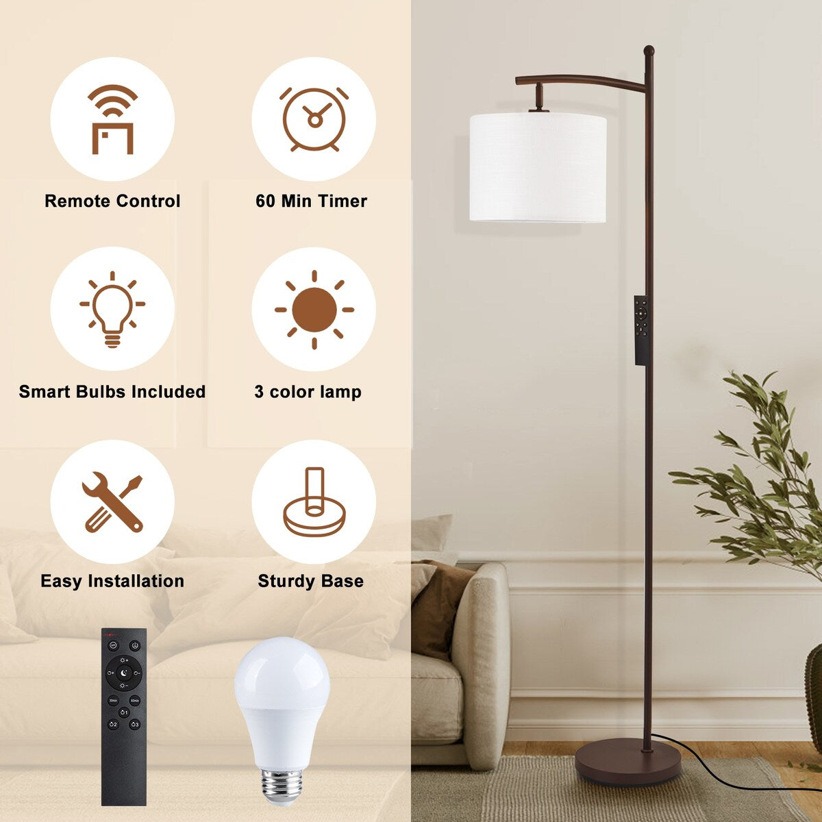 Lampada da terra ad arco a LED dimmerabile Netin 66 con telecomando - N/D