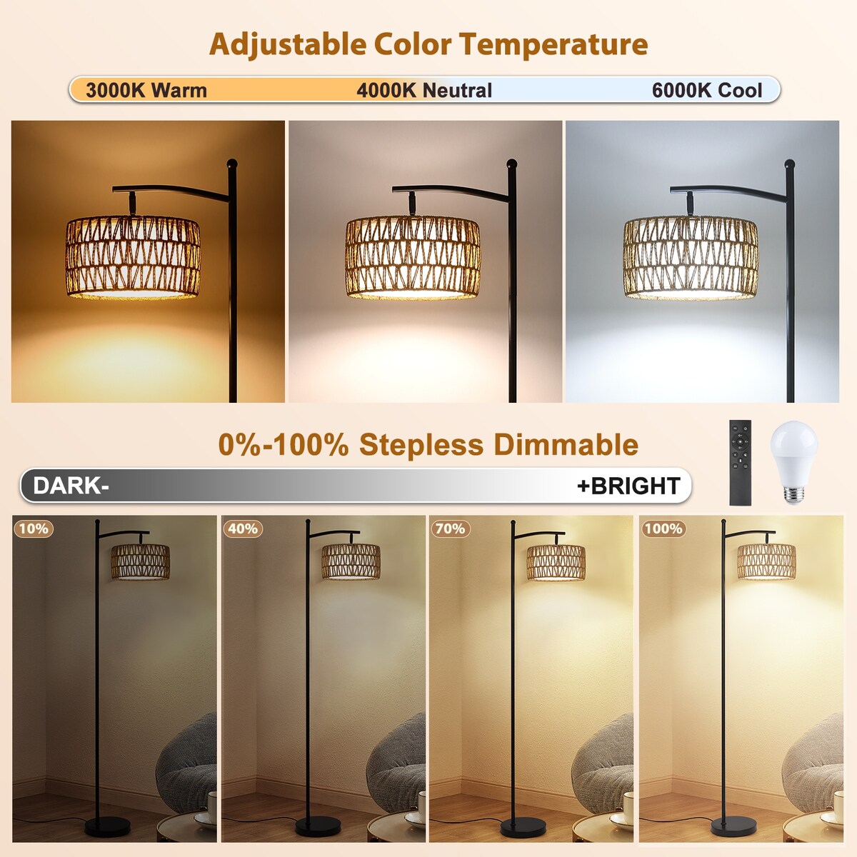 Lampada da terra ad arco a LED dimmerabile Netin 66 con telecomando - N/D