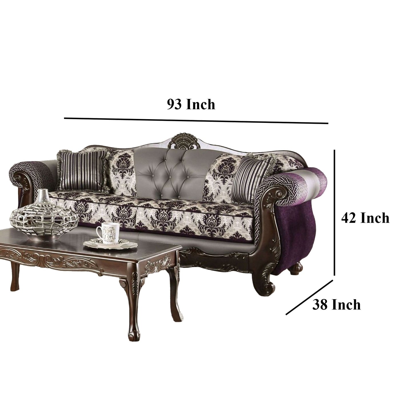 Divano Nicola, viola, ciniglia grigia, similpelle, 2 cuscini, 93 pollici