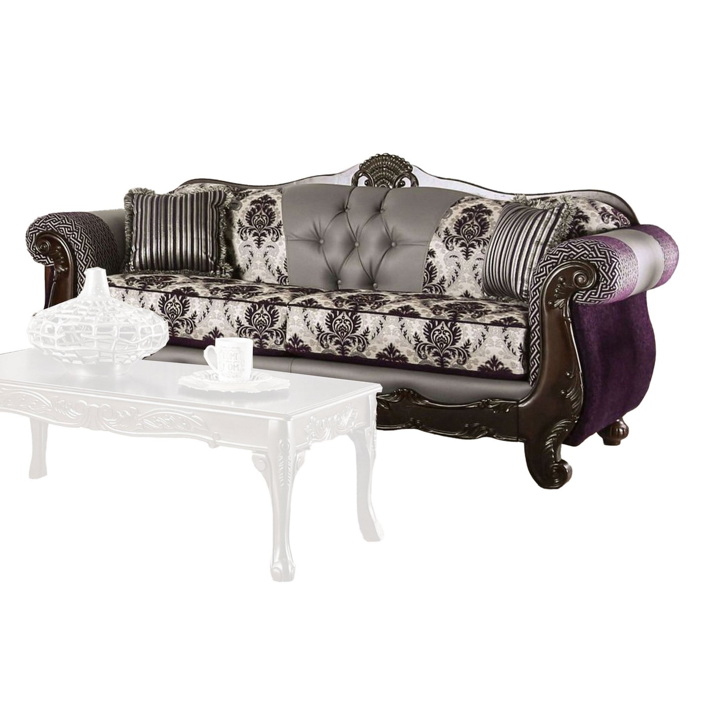 Divano Nicola, viola, ciniglia grigia, similpelle, 2 cuscini, 93 pollici