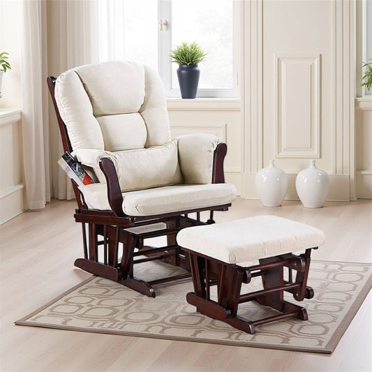 Poltrona reclinabile manuale Noni Glider con poggiapiedi, legno marrone, beige quadrato