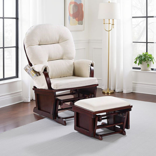 Sedia a dondolo manuale Noni con poggiapiedi, marrone scuro, beige