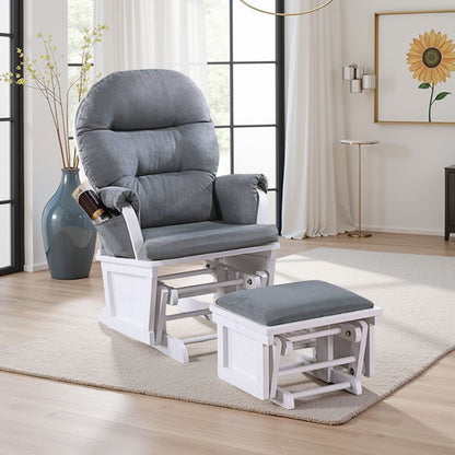 Poltrona reclinabile manuale Noni Glider con pouf, legno bianco, grigio