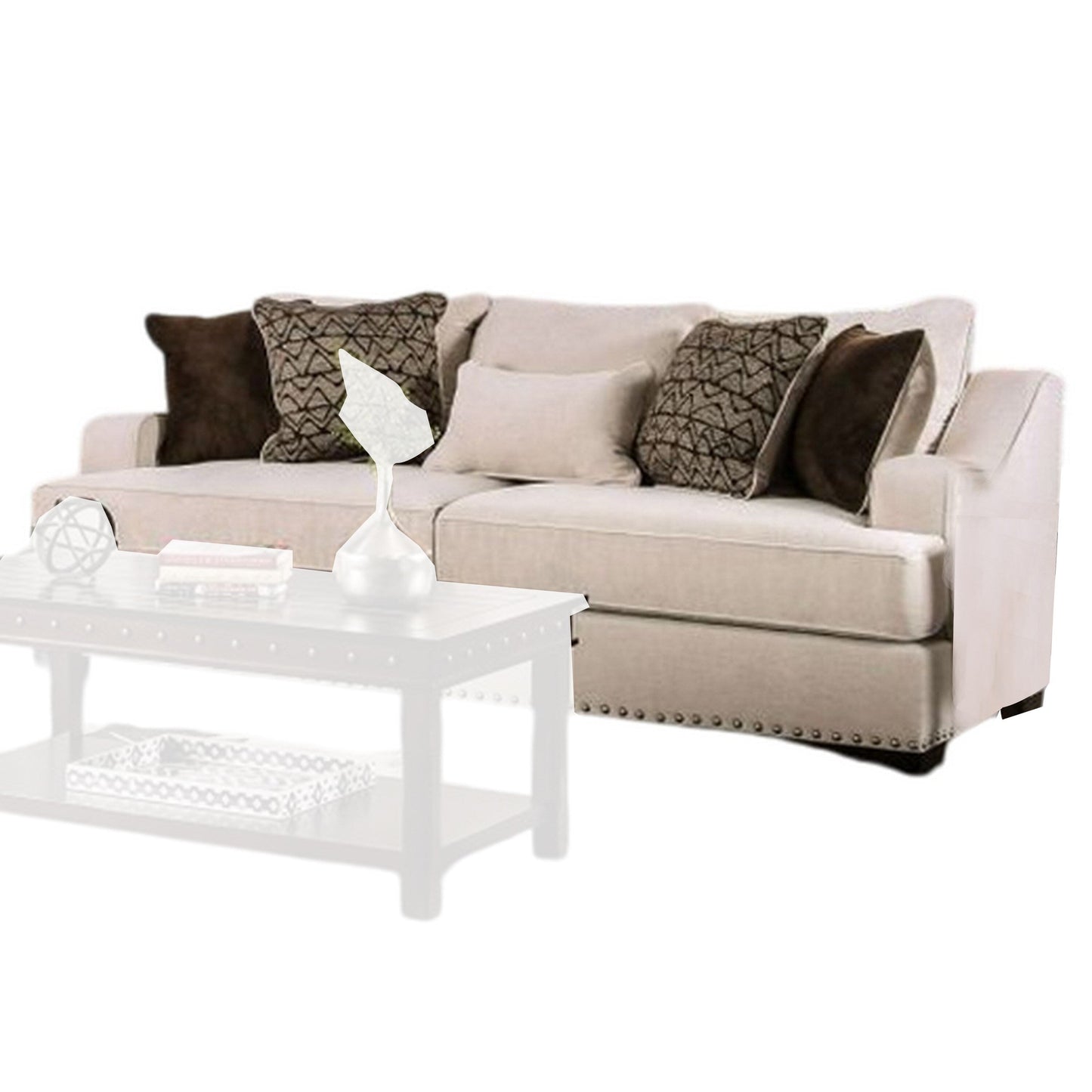 Divano Nora, 4 cuscini decorativi, 1 supporto lombare, finiture con borchie, 96 pollici, beige