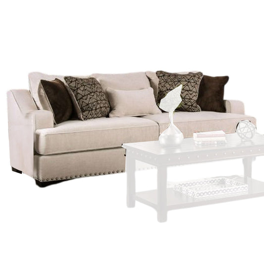 Divano Nora, 4 cuscini decorativi, 1 supporto lombare, finiture con borchie, 96 pollici, beige