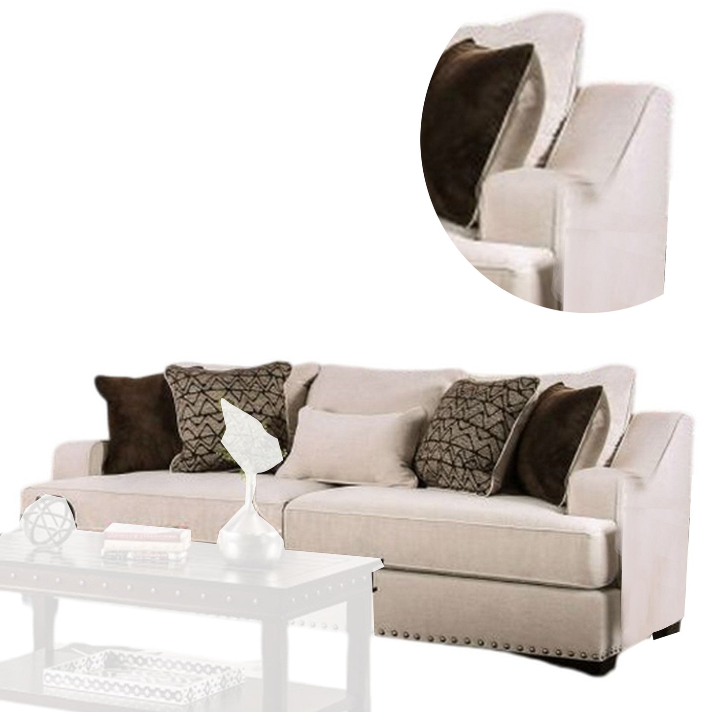 Divano Nora, 4 cuscini decorativi, 1 supporto lombare, finiture con borchie, 96 pollici, beige