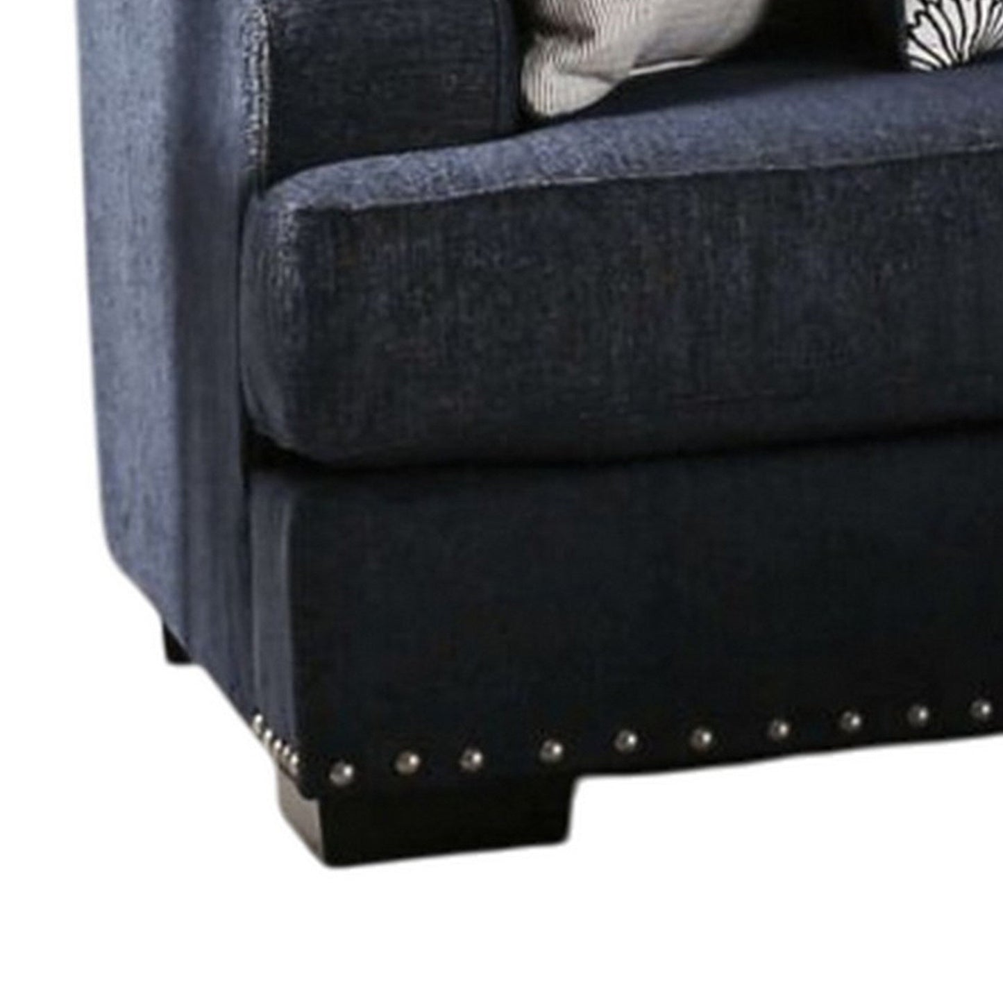 Divano Nora, blu navy scuro, 5 cuscini decorativi, legno massello, 96 pollici