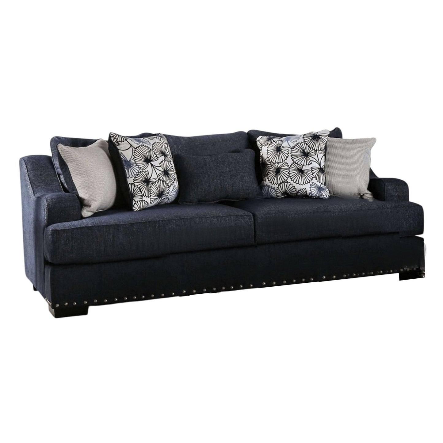 Divano Nora, blu navy scuro, 5 cuscini decorativi, legno massello, 96 pollici