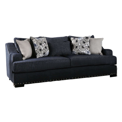 Divano Nora, blu navy scuro, 5 cuscini decorativi, legno massello, 96 pollici