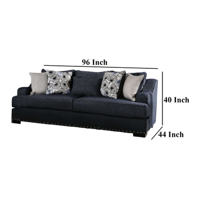 Divano Nora, blu navy scuro, 5 cuscini decorativi, legno massello, 96 pollici