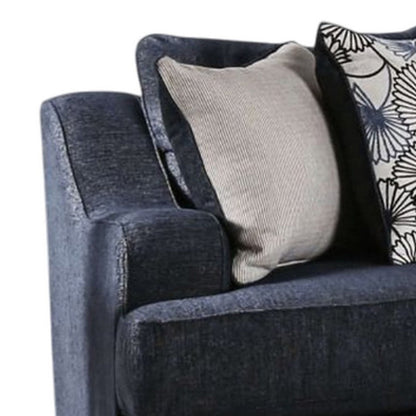 Divano Nora, blu navy scuro, 5 cuscini decorativi, legno massello, 96 pollici