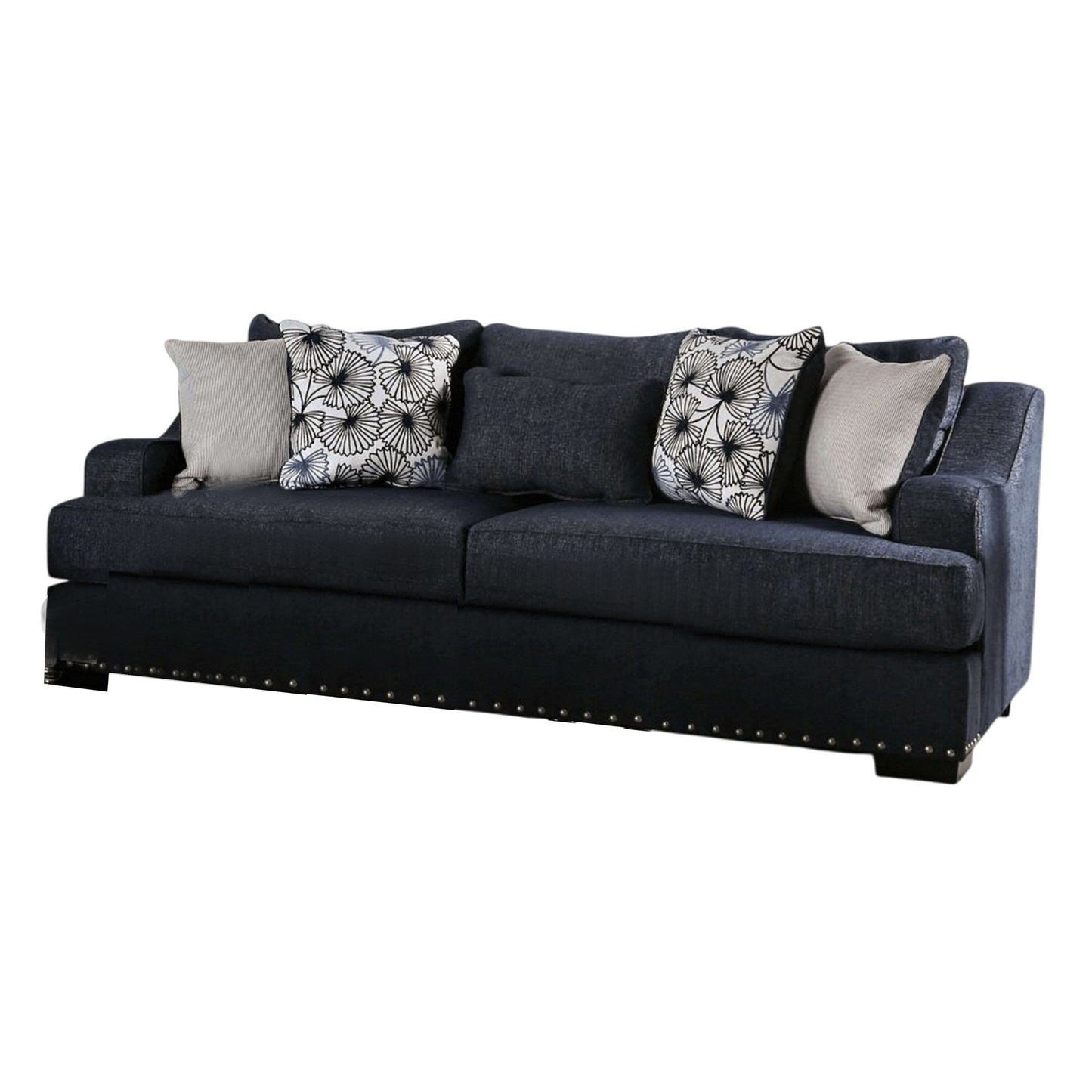Divano Nora, blu navy scuro, 5 cuscini decorativi, legno massello, 96 pollici