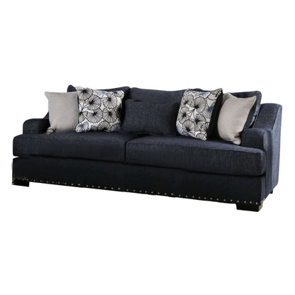 Divano Nora, blu navy scuro, 5 cuscini decorativi, legno massello, 96 pollici