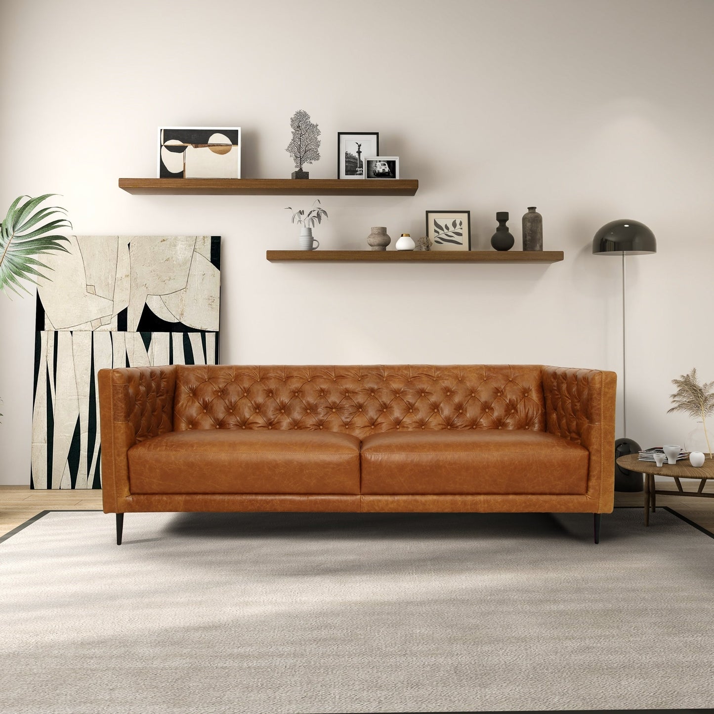 Divano Norman Mid Century Modern in vera pelle, comodo e trapuntato a mano