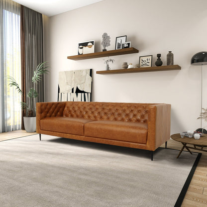 Divano Norman Mid Century Modern in vera pelle, comodo e trapuntato a mano