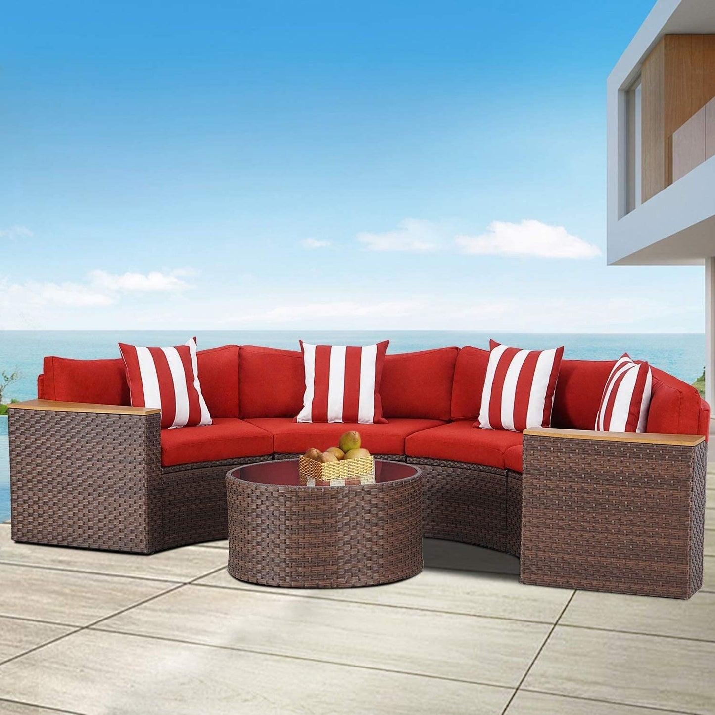 Set di divani componibili curvi a mezzaluna e semicircolari in rattan e vimini Nuon da 5 pezzi di Havenside Home
