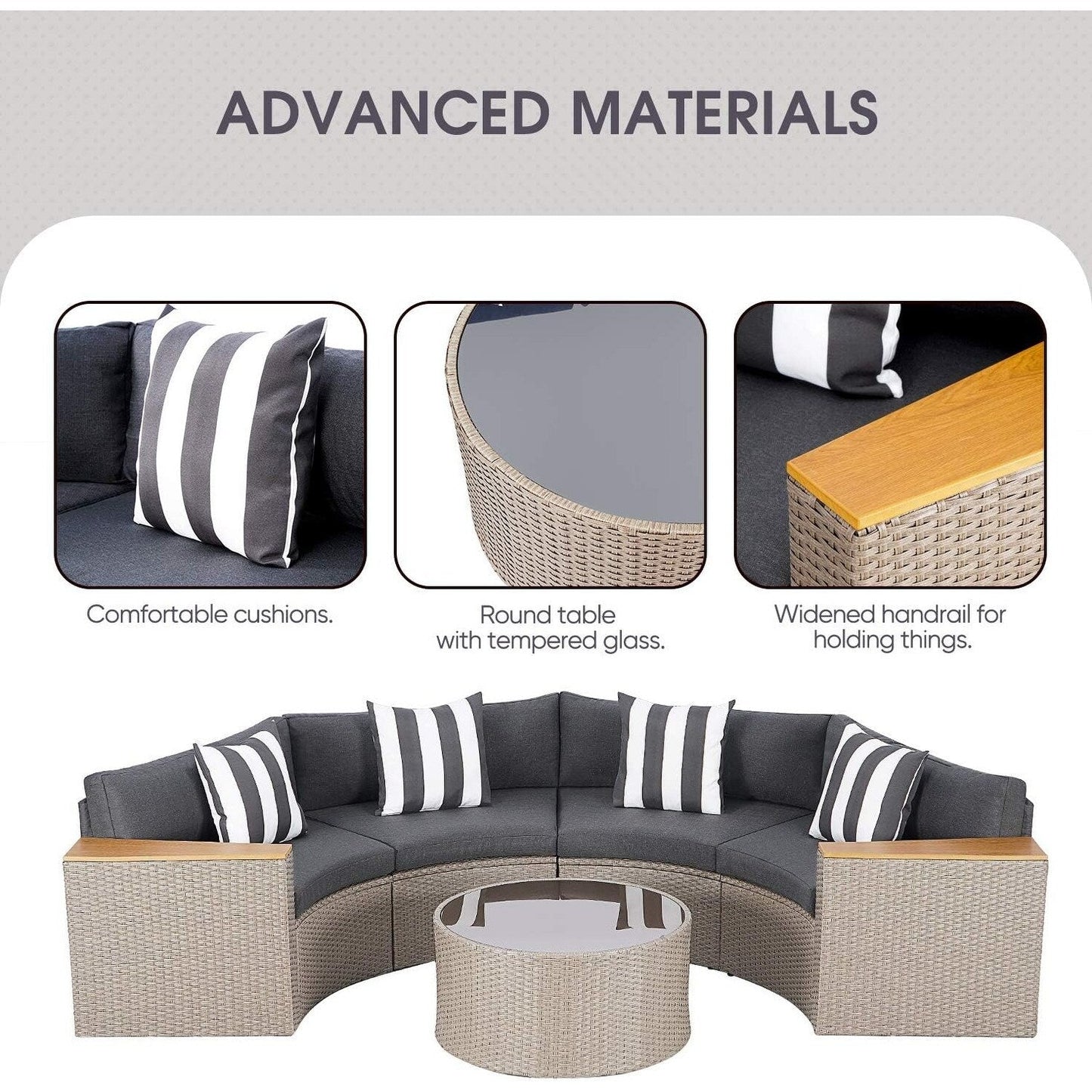 Set di divani componibili curvi a mezzaluna e semicircolari in rattan e vimini Nuon da 5 pezzi di Havenside Home