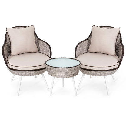 Set da esterno in vimini e rattan da bistrot da 3 pezzi con cuscini