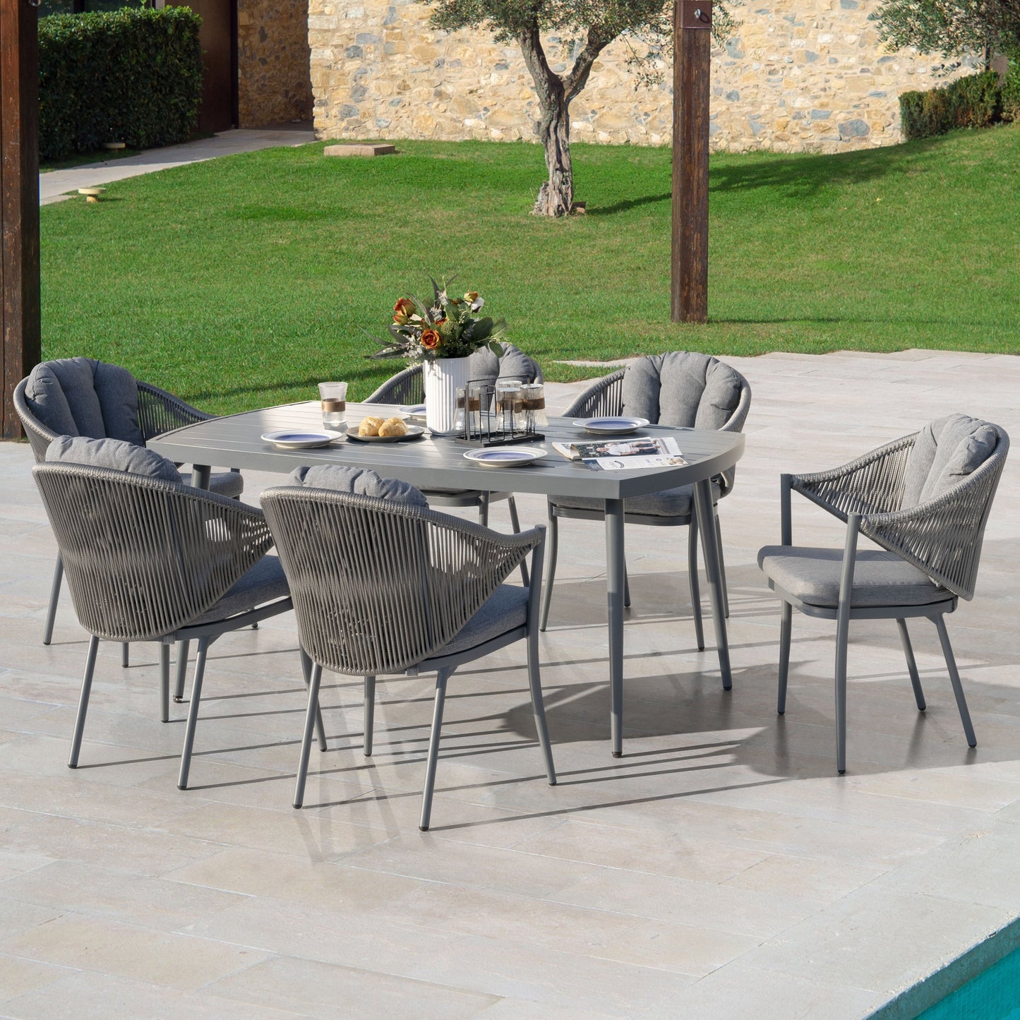 Set da pranzo per patio esterno da 7 pezzi con seduta e cuscini