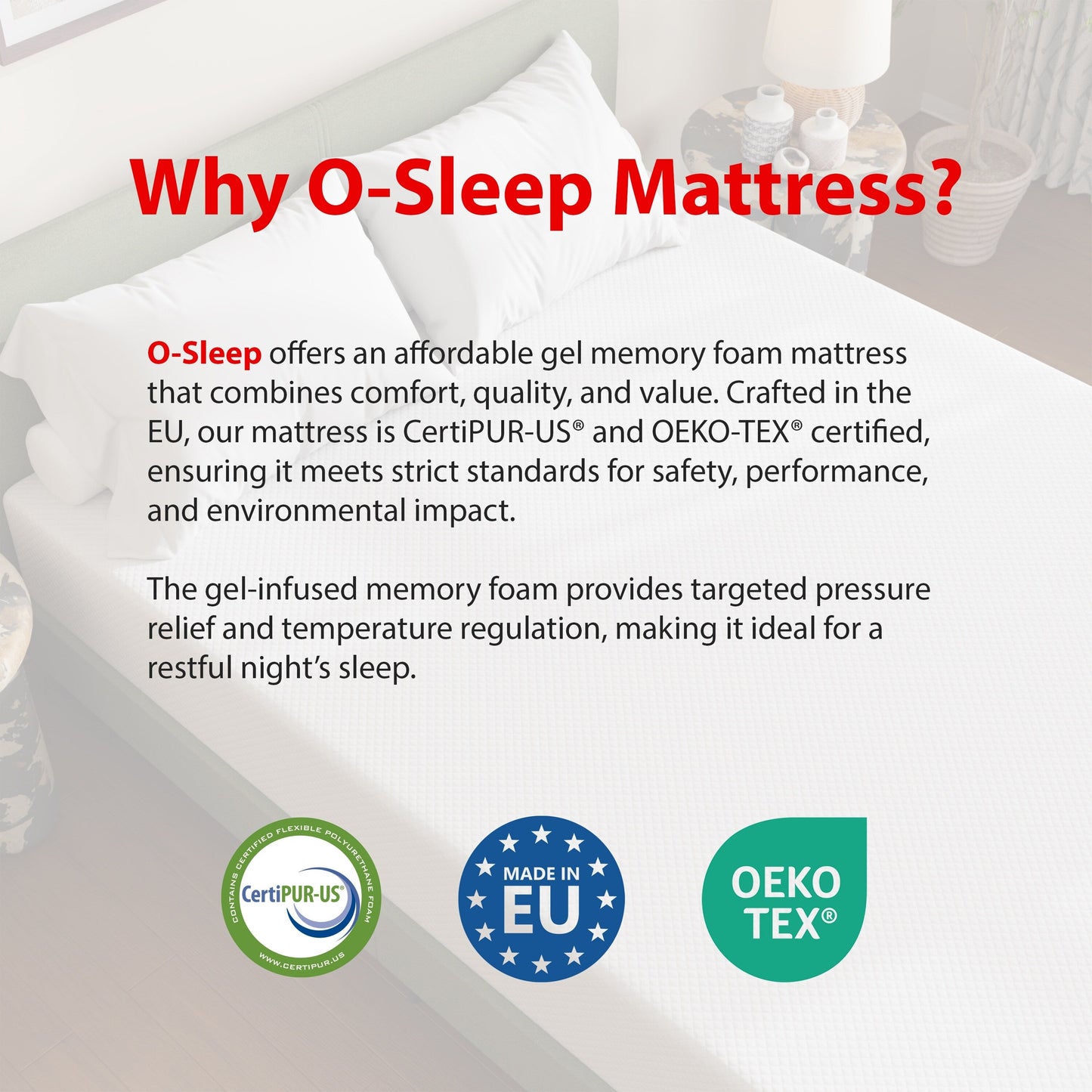 Materasso in memory foam O-Sleep 12 Gel in scatola con CertiPUR-US e OEKO-TEX