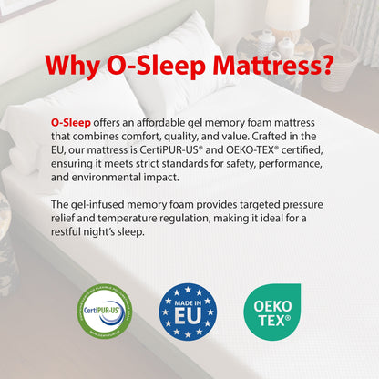 Materasso in memory foam O-Sleep 12 Gel in scatola con CertiPUR-US e OEKO-TEX
