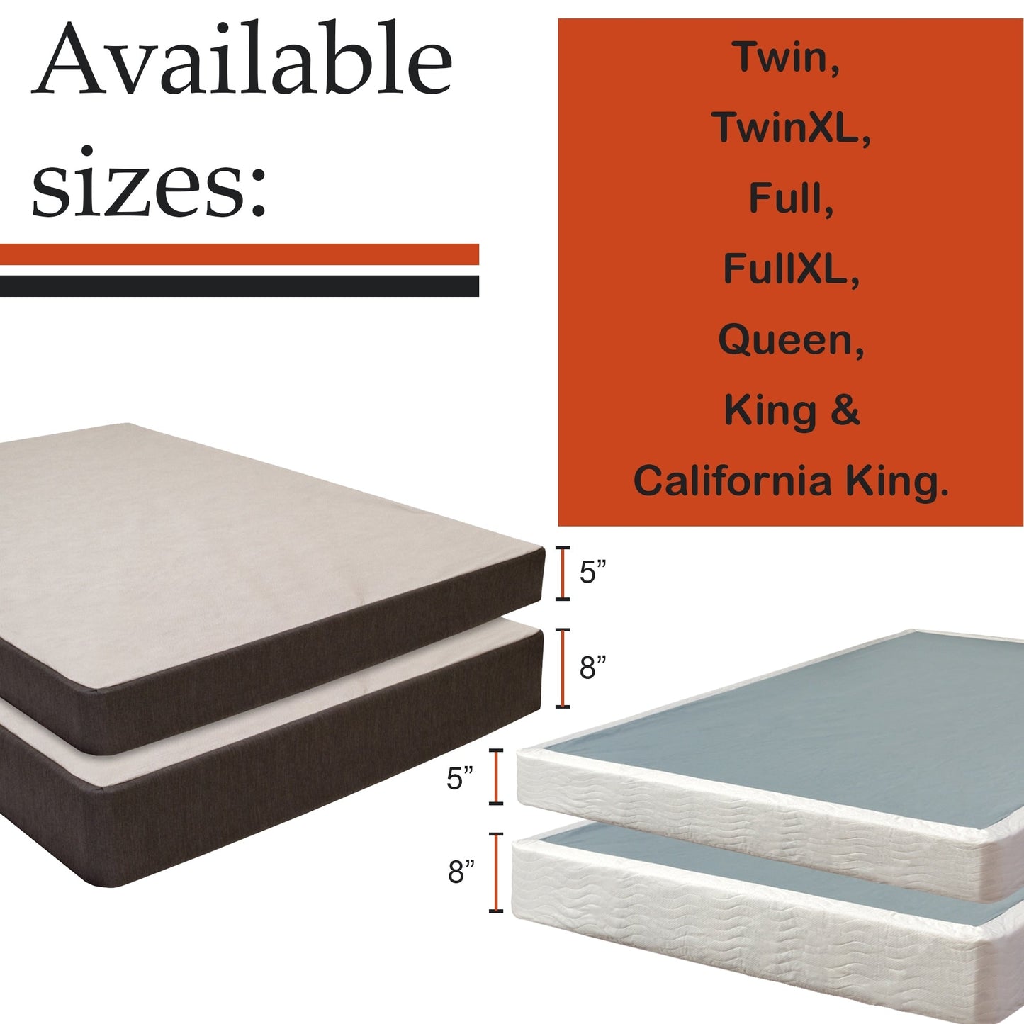 ONETAN, box spring/fondazione in legno da 5" e 8" con montaggio semplice, bianco.