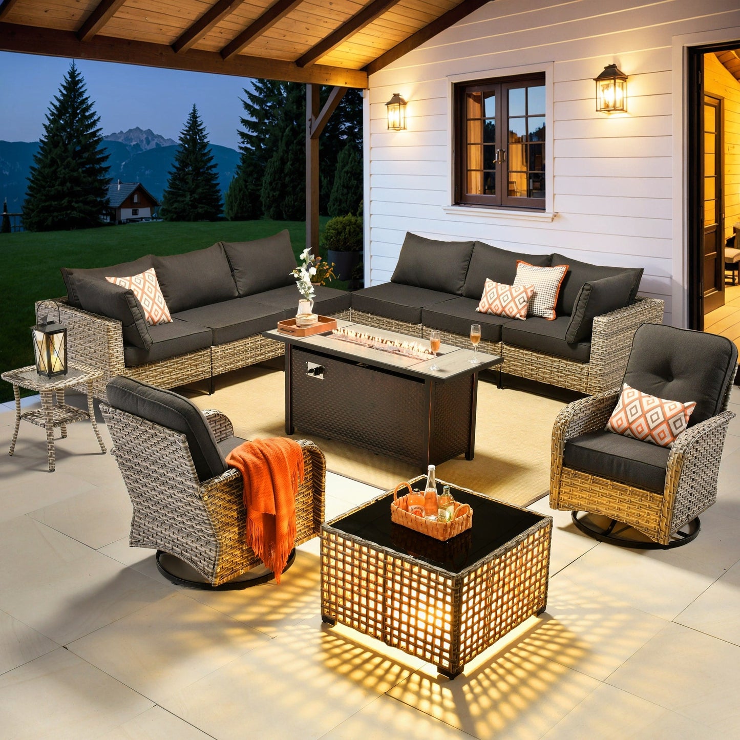 OVIOS Set di 11 sedie girevoli in vimini per esterni con tavolo da fuoco