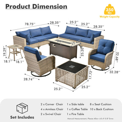 OVIOS Set di 11 sedie girevoli in vimini per esterni con tavolo da fuoco