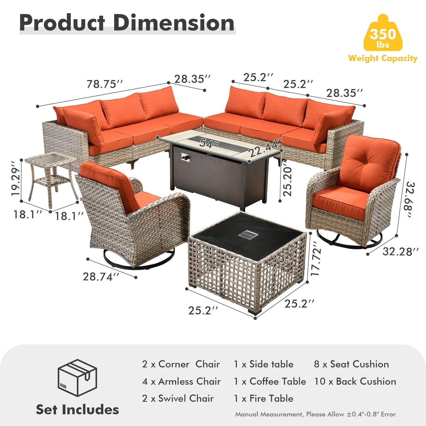 OVIOS Set di 11 sedie girevoli in vimini per esterni con tavolo da fuoco