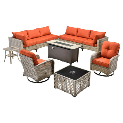 OVIOS Set di 11 sedie girevoli in vimini per esterni con tavolo da fuoco